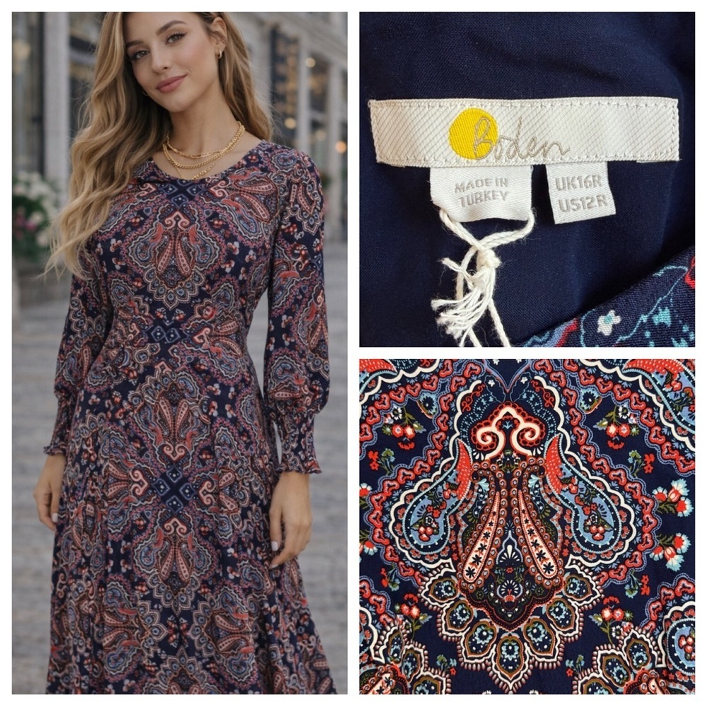 New! Boden Blue Botanic Paisley Smocked Cuff Midi Dress Size 12R 36068
